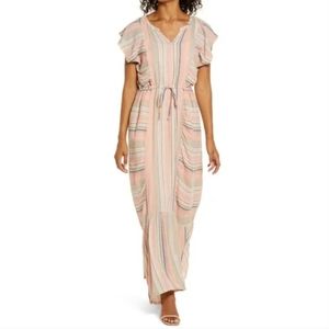 Caslon Pink Variegated Stripe Flutter Sleeve Maxi Dress Tie Waist Womens Size S